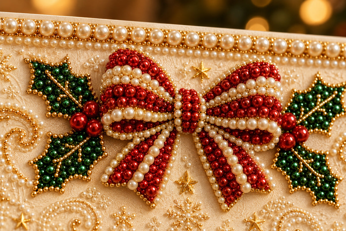 Close-up of pearl and Christmas bow details