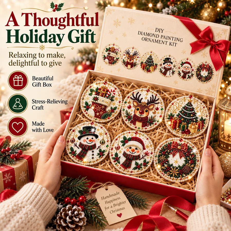 Six handmade Christmas diamond painting ornaments presented as a thoughtful holiday gift