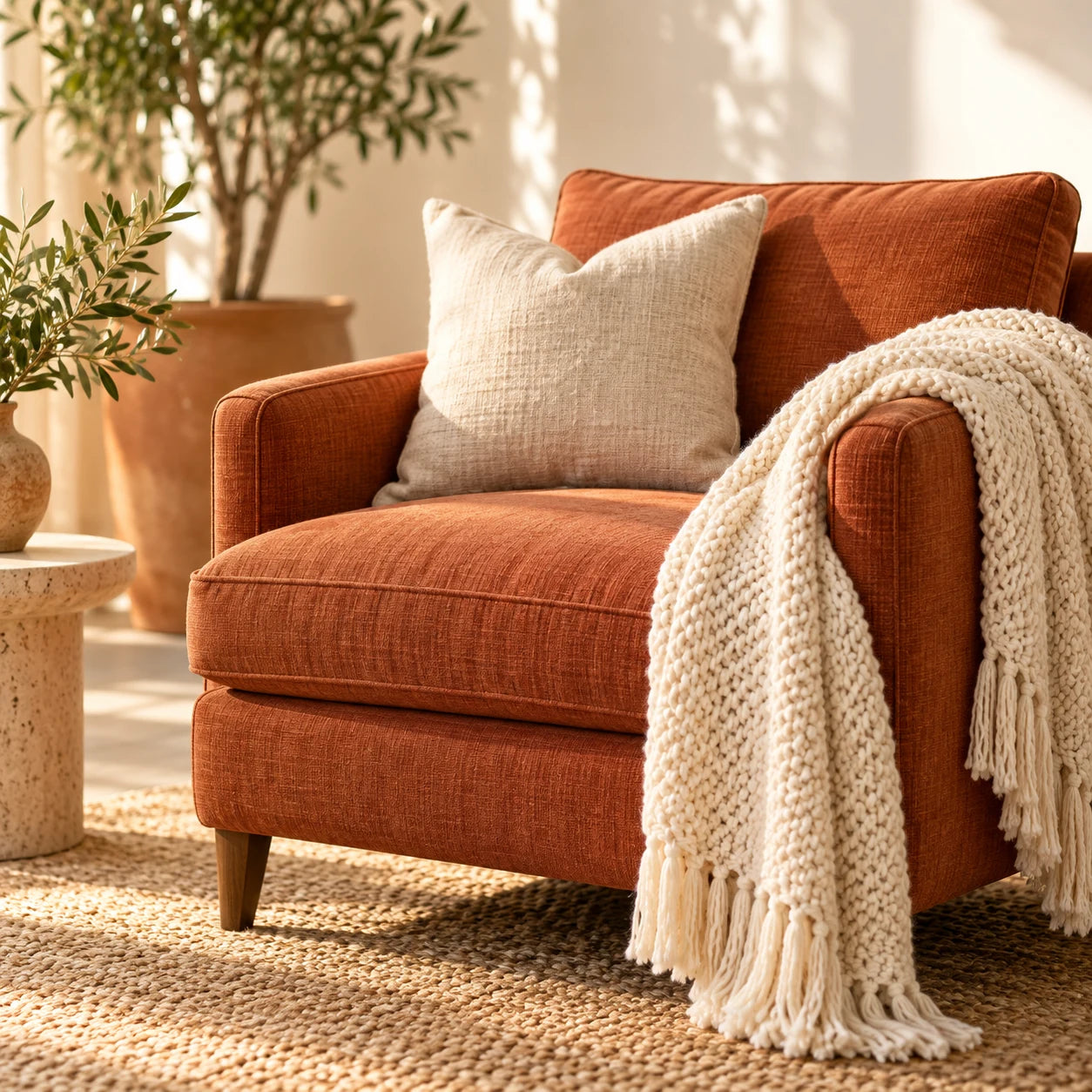 Cream blanket over a terracotta armchair