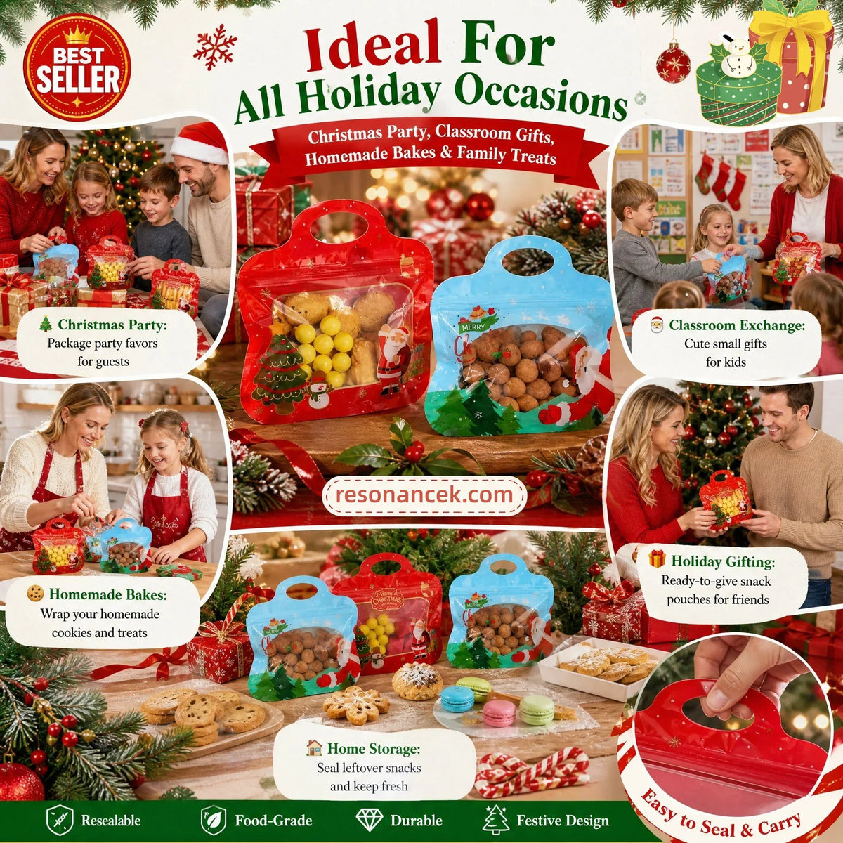 🎄 50% OFF | Christmas Self-Sealing Treat Bags – Cute Holiday Bags for Cookies & Candy 🎁