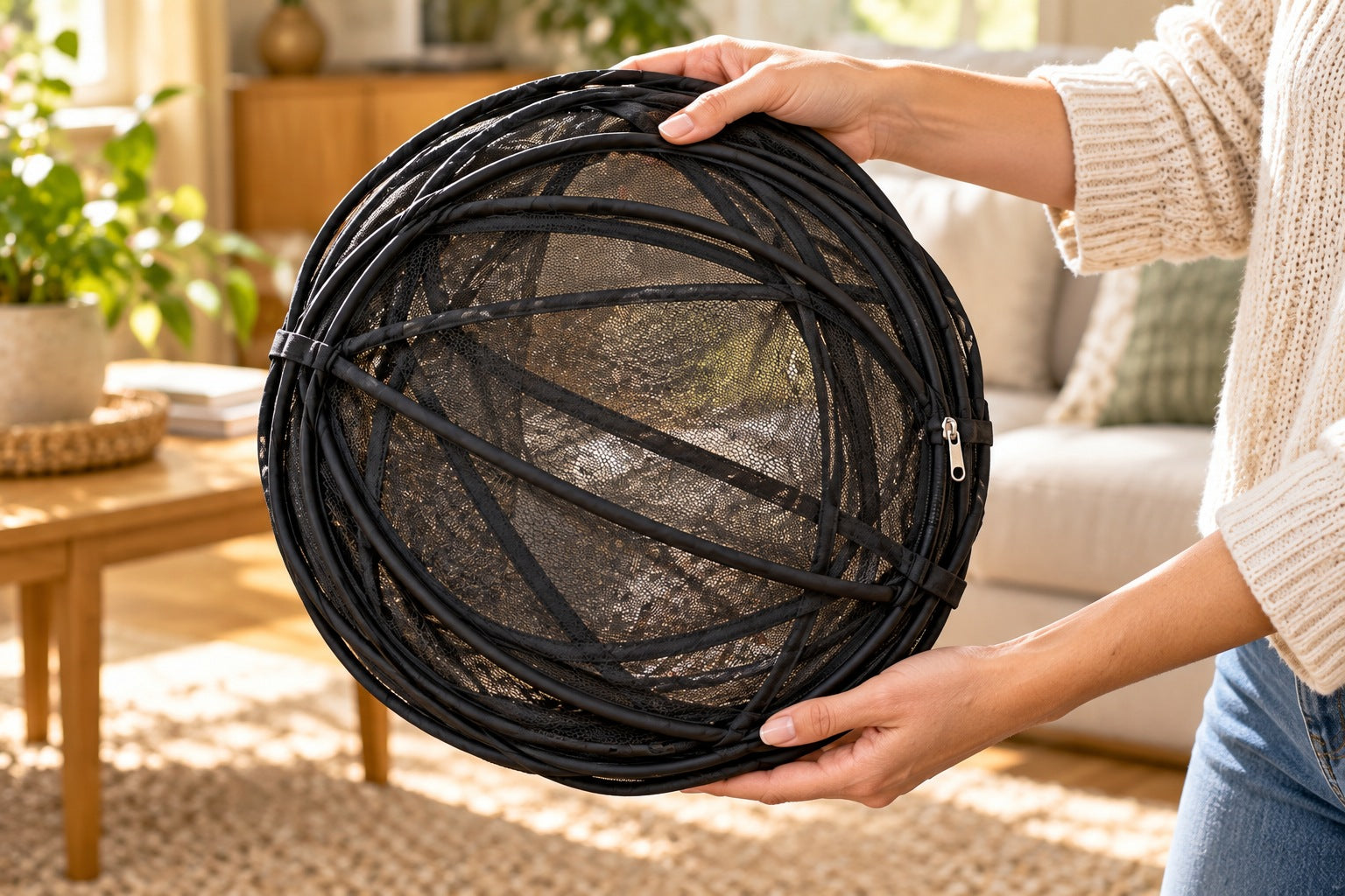 The empty playpen folded into a compact shape