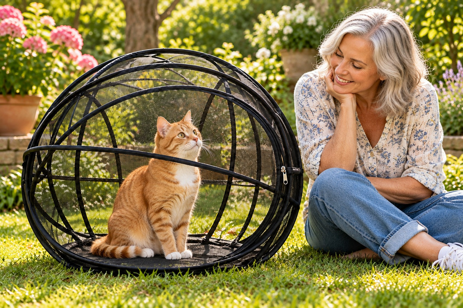 Cat inside the playpen with an owner supervising in the garden