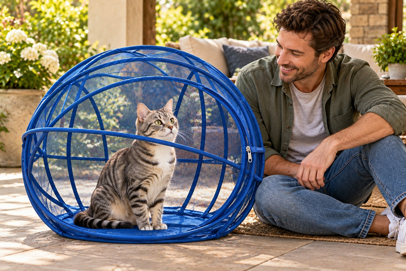 Cat in a blue playpen beside its owner on a patio