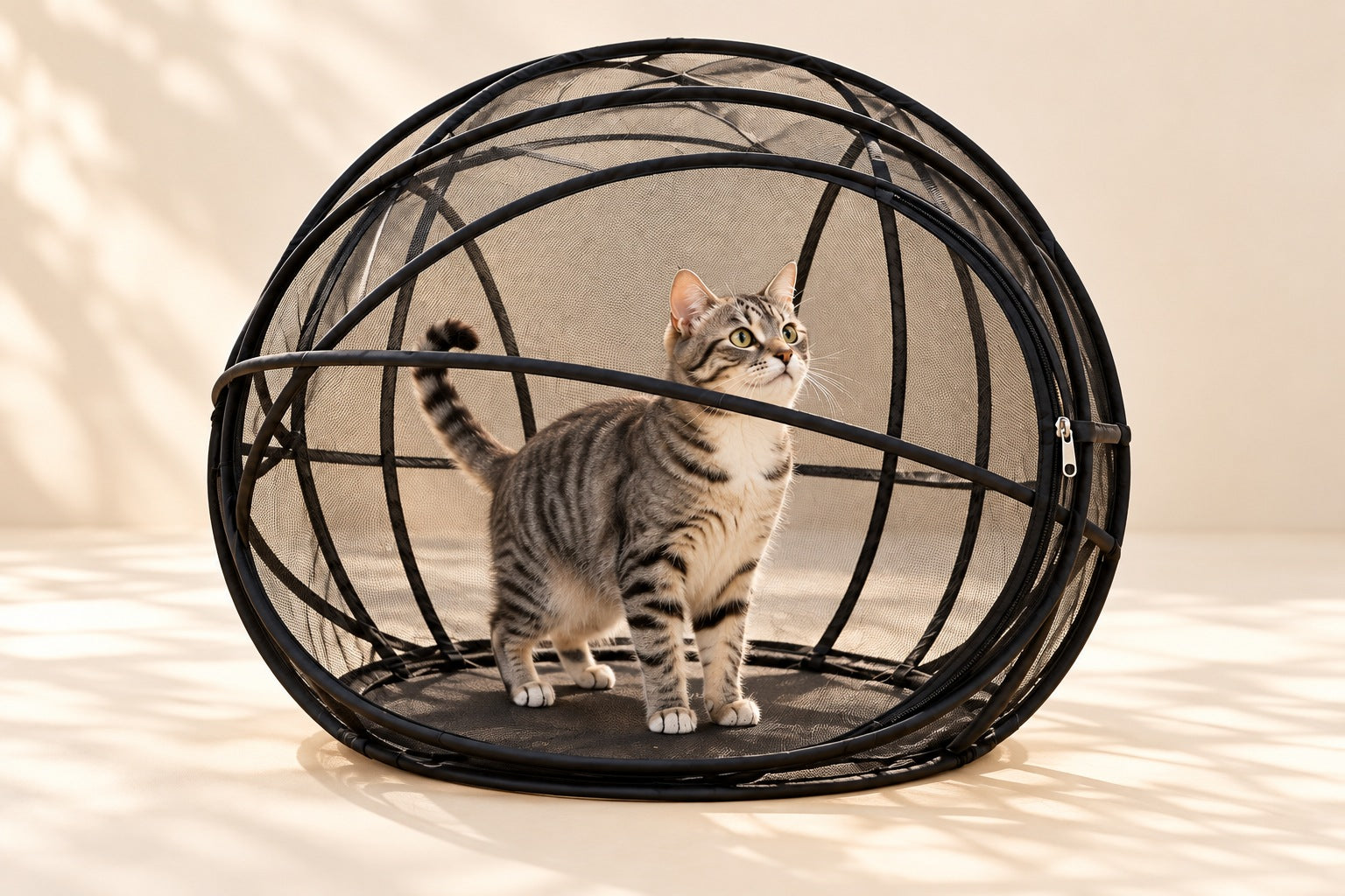 Cat inside the rounded playpen, showing room to stand and turn