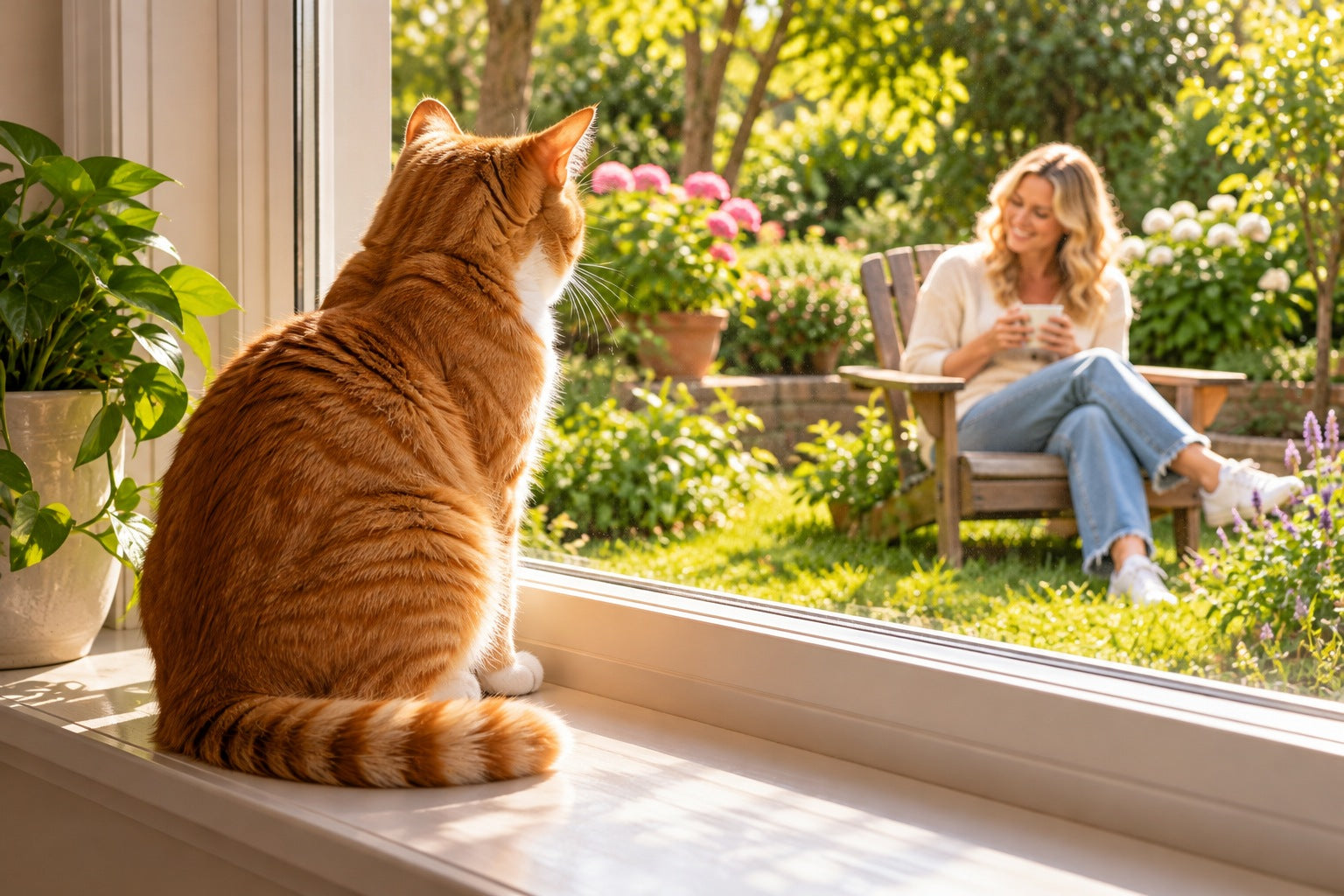 An indoor cat watching the garden through a window