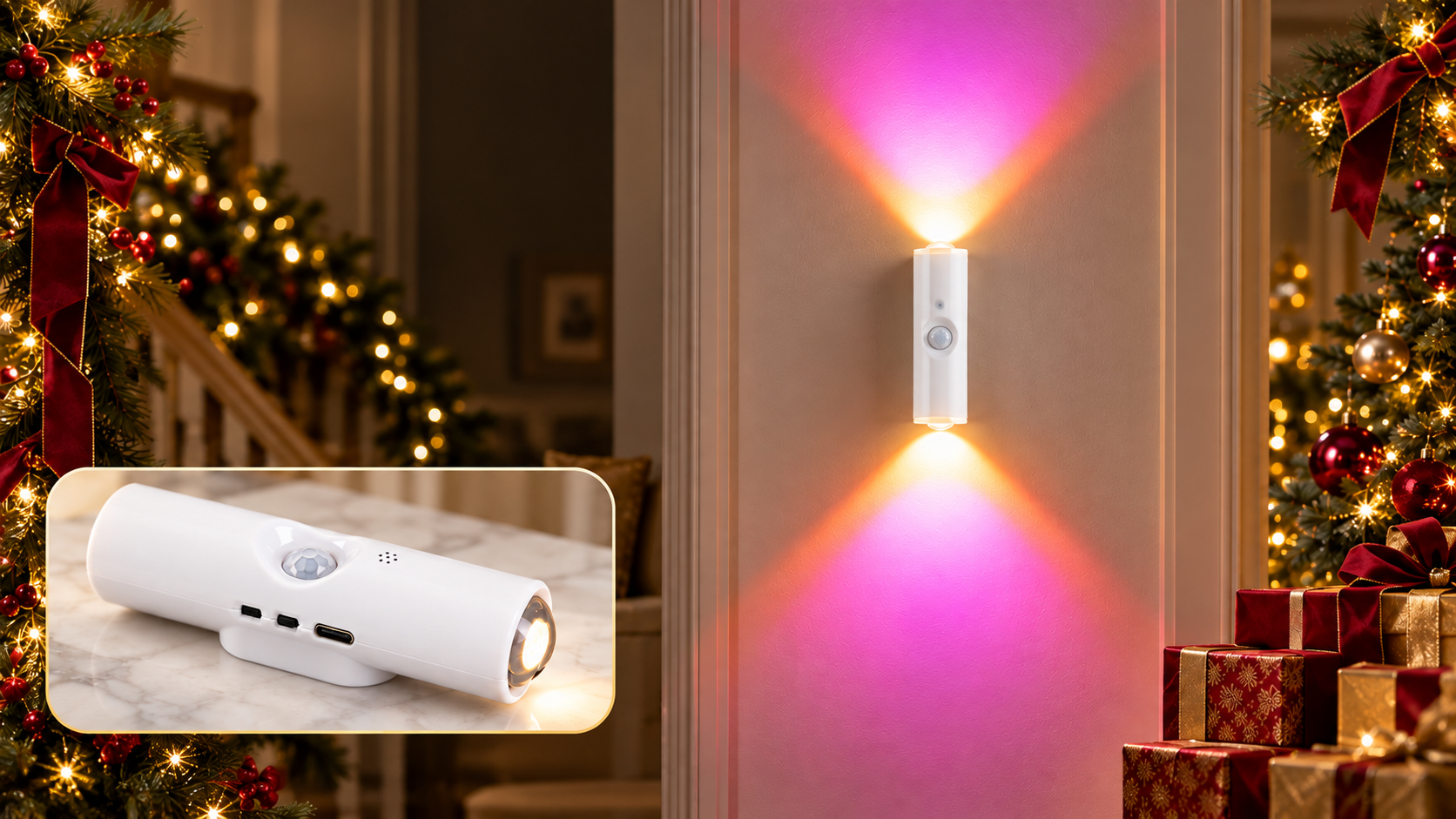 White wall light casting pink and golden gradient light upward and downward in a Christmas room, with a product close-up