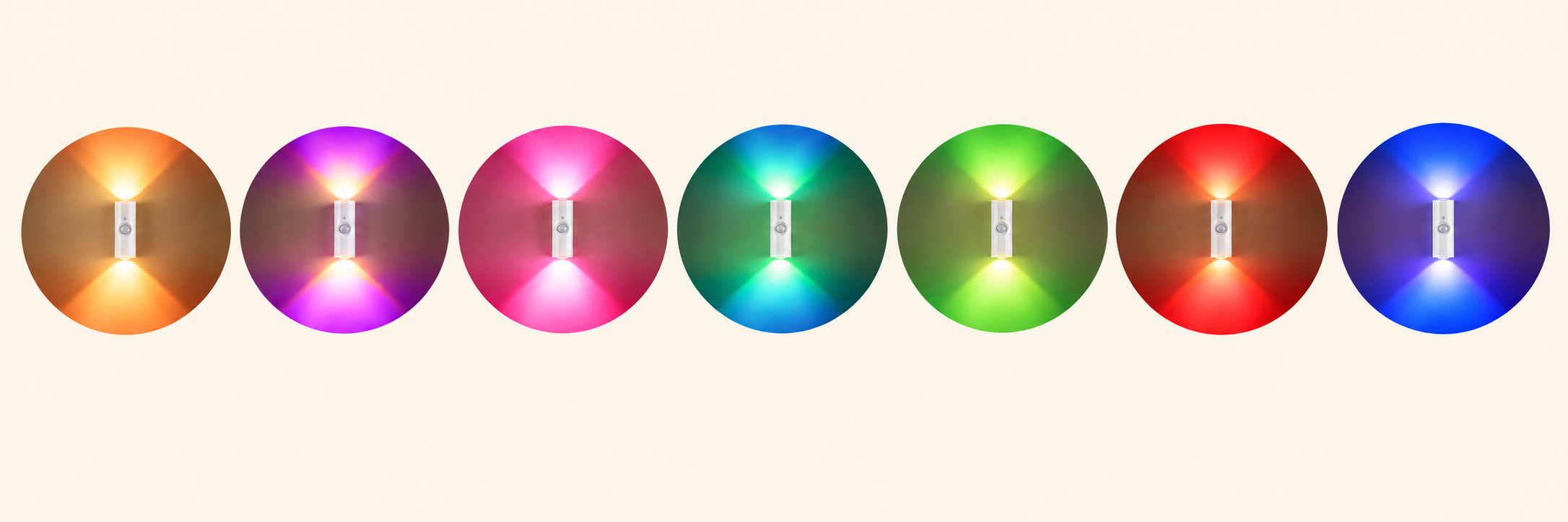 Seven illustrative gradient light effects: orange-gold, violet-gold, pink, blue-green, lime green, red-orange and blue-violet