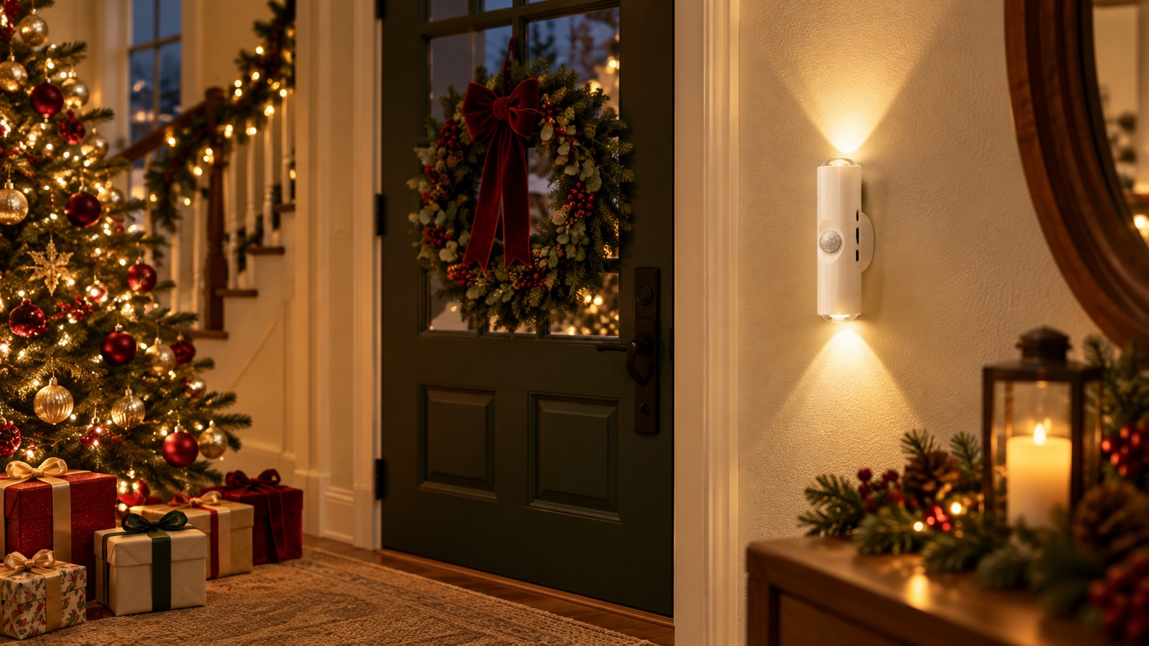 Compact wall light in a Christmas-decorated entryway