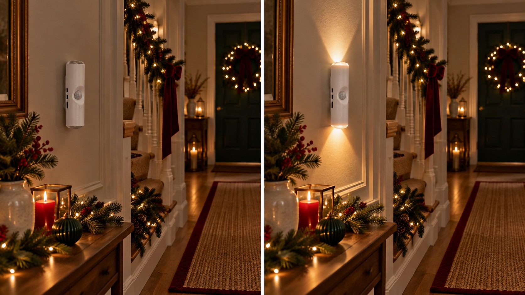 Same decorated hallway with the wall light off and on
