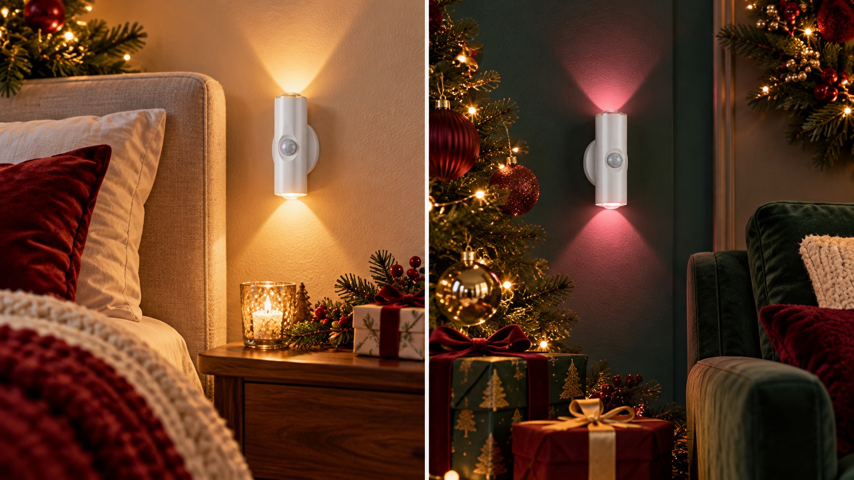 Warm everyday lighting on the left and colorful RGB ambience on the right