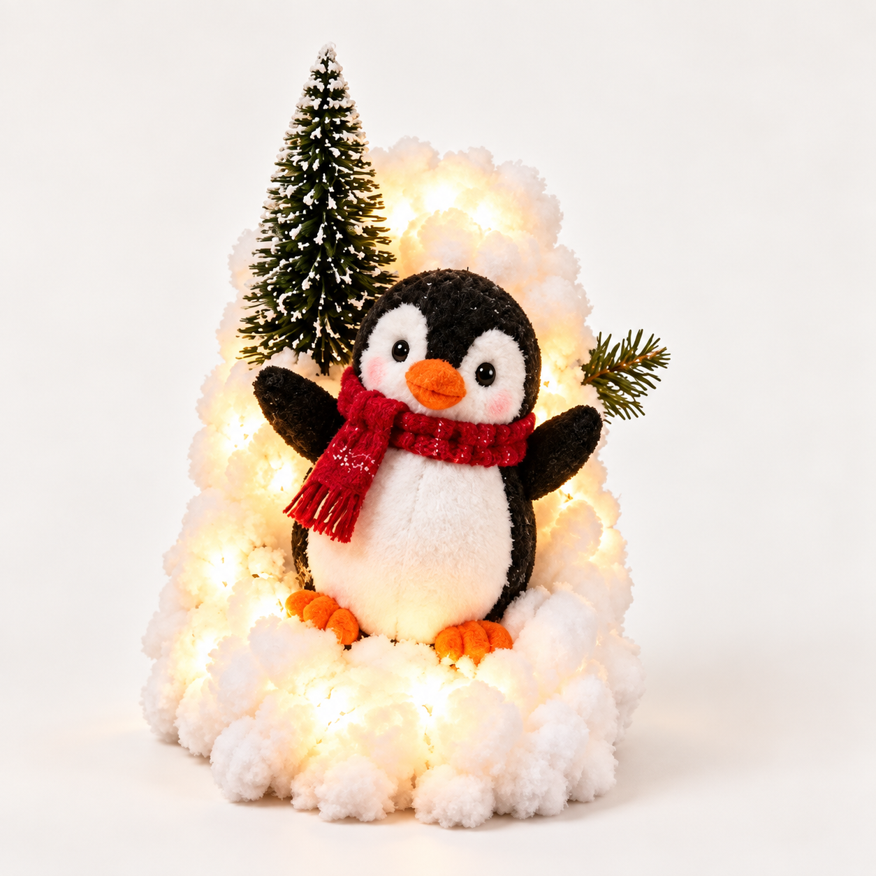 Waving penguin with red scarf, snowy tree and warm lights