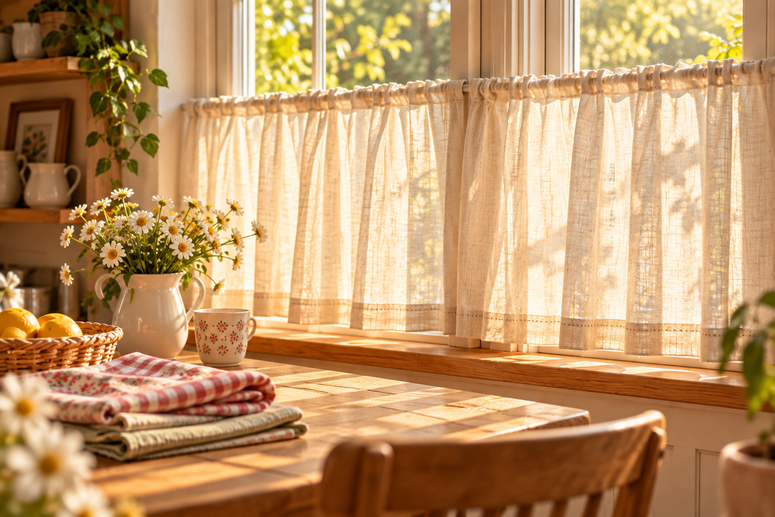 Sunlight through cream cafe curtains in a home kitchen