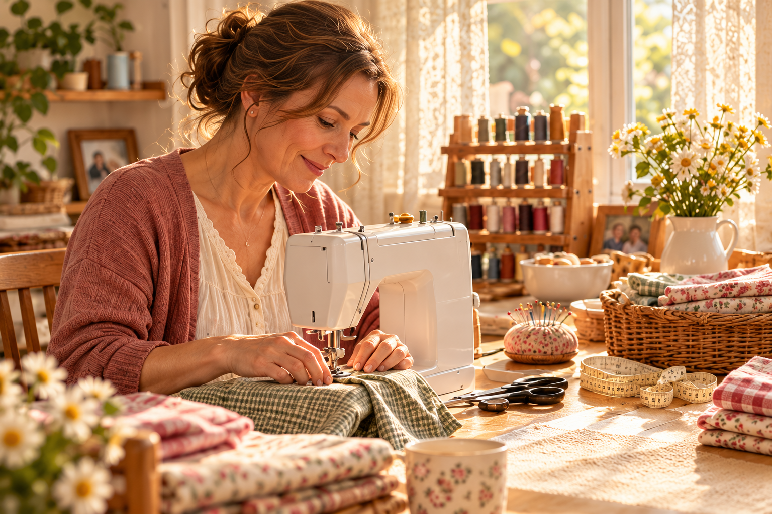 A warm window-side home sewing space