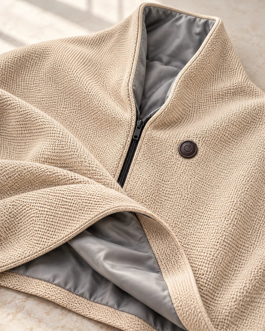 Close-up of the beige knitted outer fabric and smooth gray lining