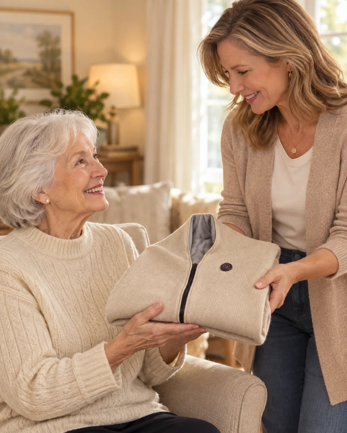 Mature daughter giving her elderly mother a folded beige shawl