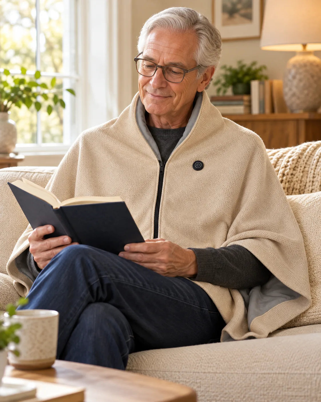 Older man wearing the heated shawl while reading on the sofa